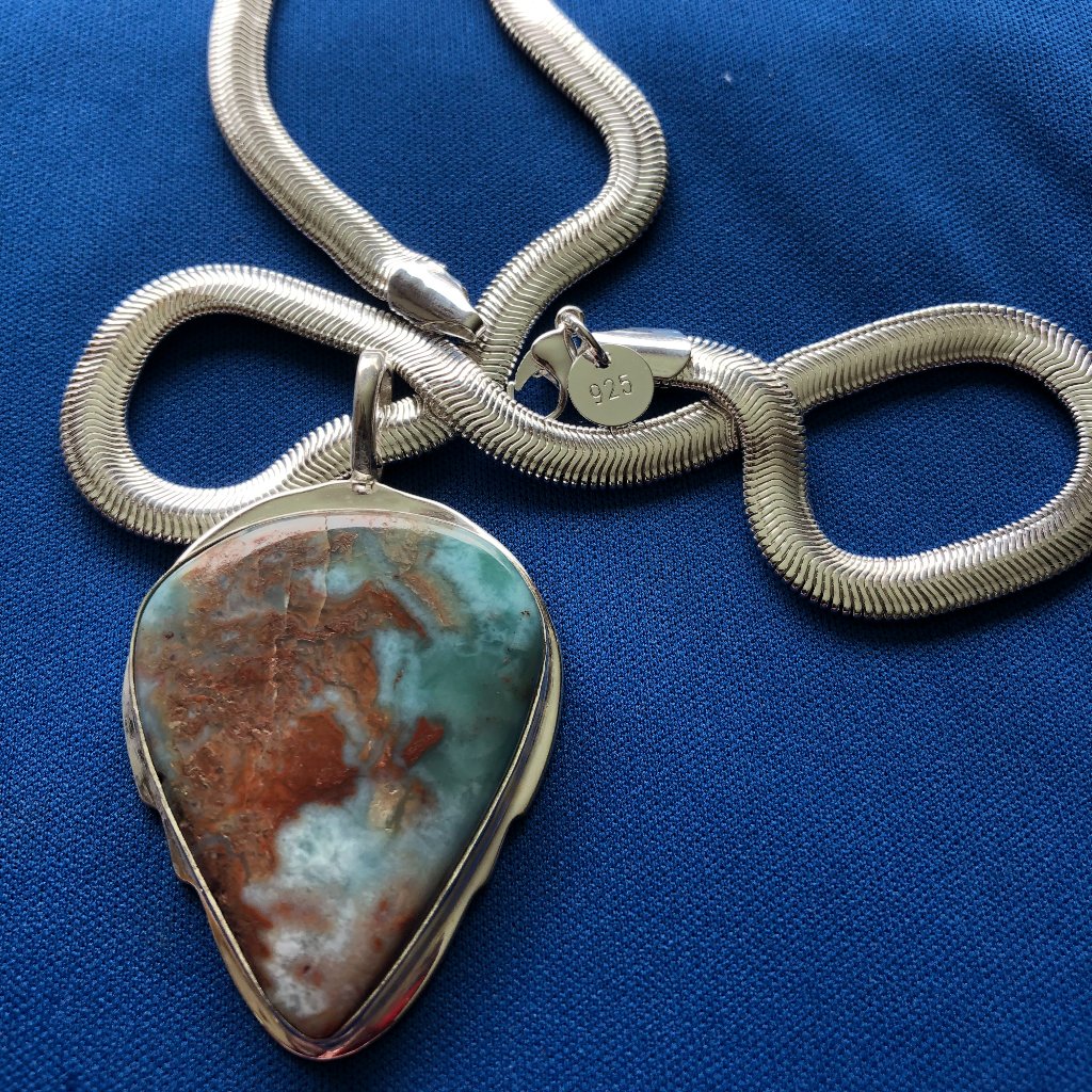 Huge Heart ~Real Larimar 925 Sterling Silver Stamped Necklace